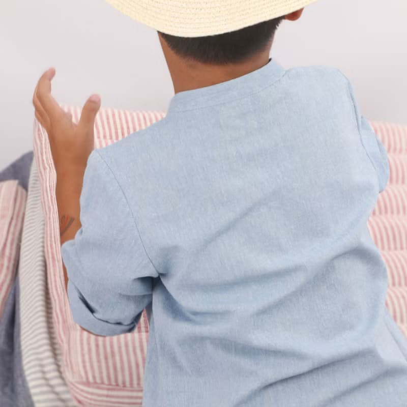 Kids Cotton Top, Mandarin Collar Shirt, Long Sleeve, Blue, Jackie