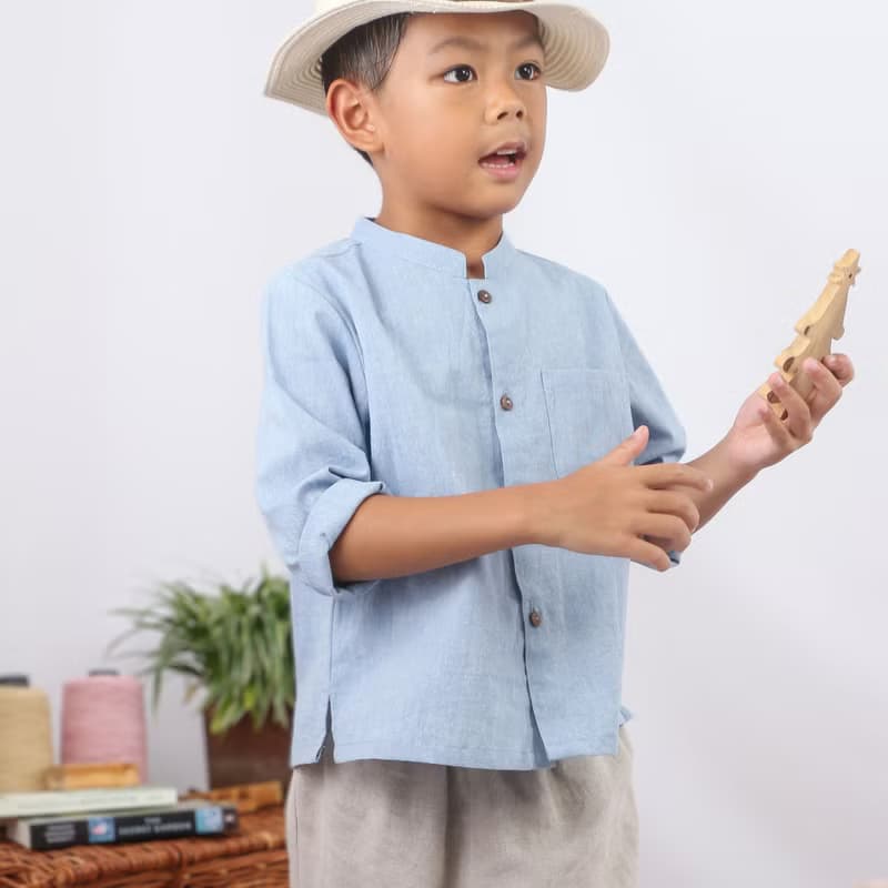 Kids Cotton Top, Mandarin Collar Shirt, Long Sleeve, Blue, Jackie