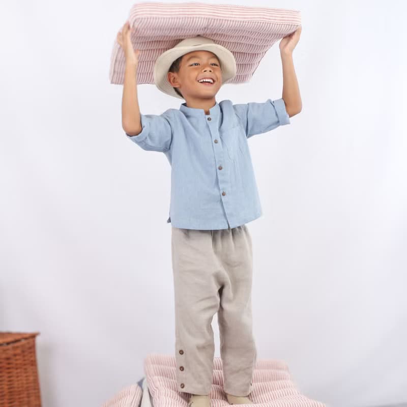 Kids Cotton Top, Mandarin Collar Shirt, Long Sleeve, Blue, Jackie
