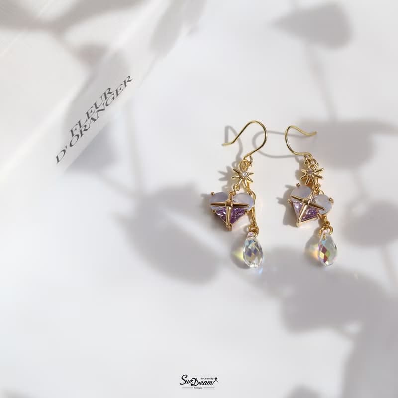 夏日之心水晶耳環-甜粉藍紫 耳夾耳環 水晶耳環 禮物 愛心耳環