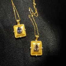 歐式 拉絲 金屬 工藝 坦桑石 海洋之心 彩尖金石 項鍊 純銀 鍍18k