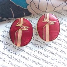 Vintage Jewelry  景泰藍 橢圓紅底 天堂鳥意象 夾式耳環