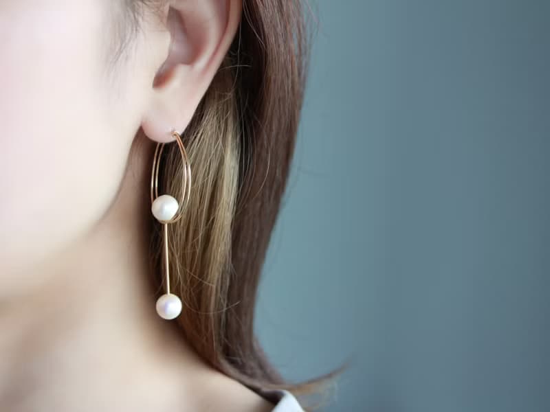 14kgf-Twin hoop pearl pierced earrings