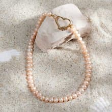 天然粉色淡水珍珠項鍊 金色愛心扣 7-8mm 六月生日石 生日禮物