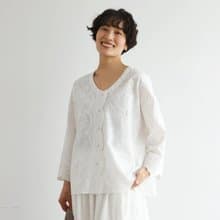優雅舒適七分袖蕾絲開襟外套・100%刺繡純棉・白色款・250511-1
