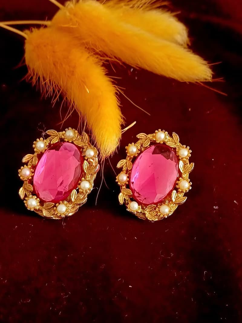 vintage jewelry  華麗粉紅水鑽 夾式耳環