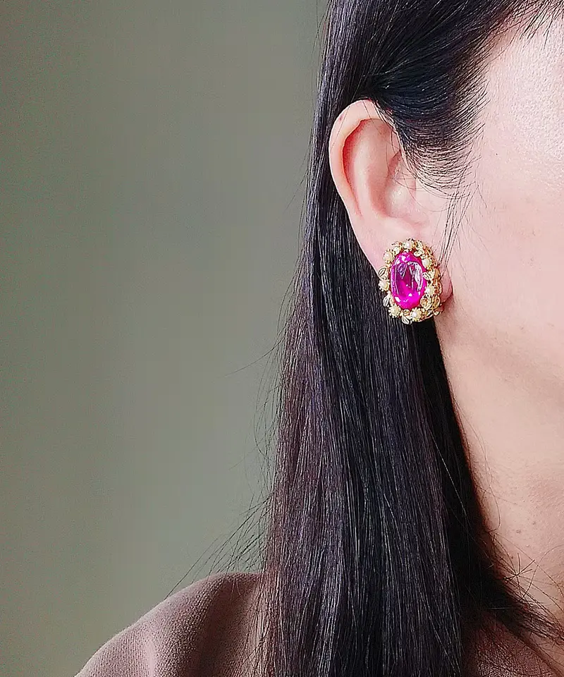 vintage jewelry  華麗粉紅水鑽 夾式耳環