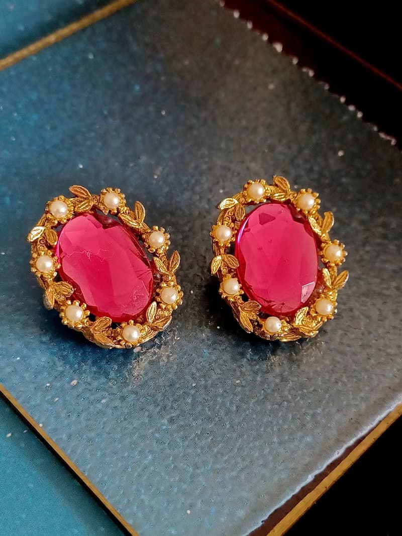 vintage jewelry  華麗粉紅水鑽 夾式耳環