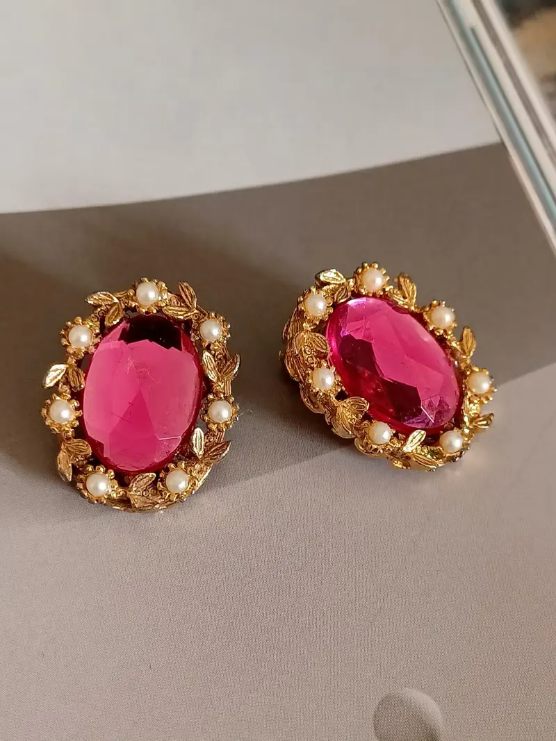 vintage jewelry  華麗粉紅水鑽 夾式耳環
