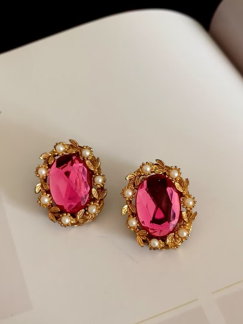 vintage jewelry  華麗粉紅水鑽 夾式耳環
