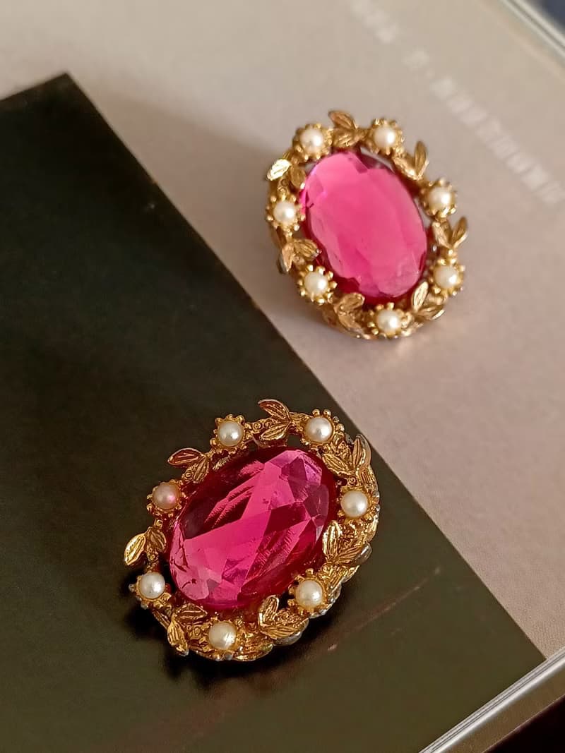vintage jewelry  華麗粉紅水鑽 夾式耳環