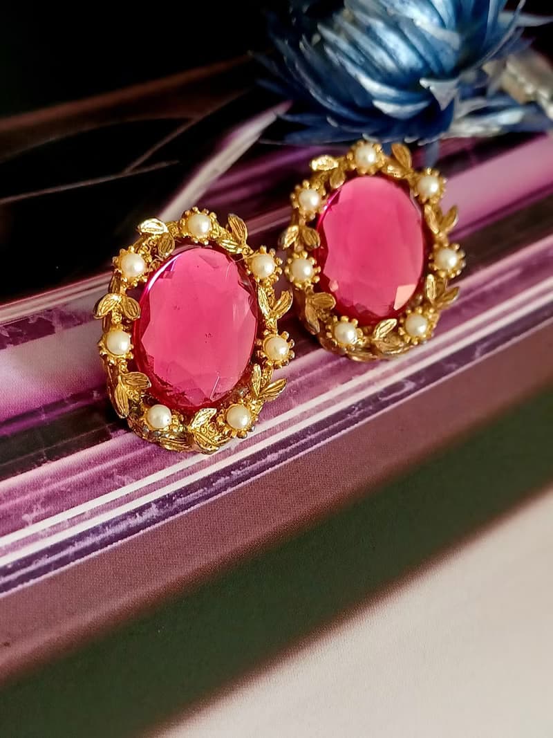 vintage jewelry  華麗粉紅水鑽 夾式耳環