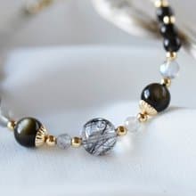 黑影。黑髮晶 金砂黑曜石 黑曜石 拉長石 14K 天然石/水晶 手鍊