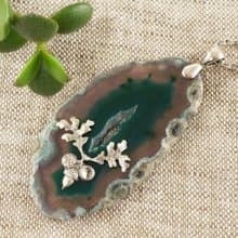 Green Agate Geode Slice Slab Silver Acorn Oak Leaf Pendant Necklace Jewelry Gift