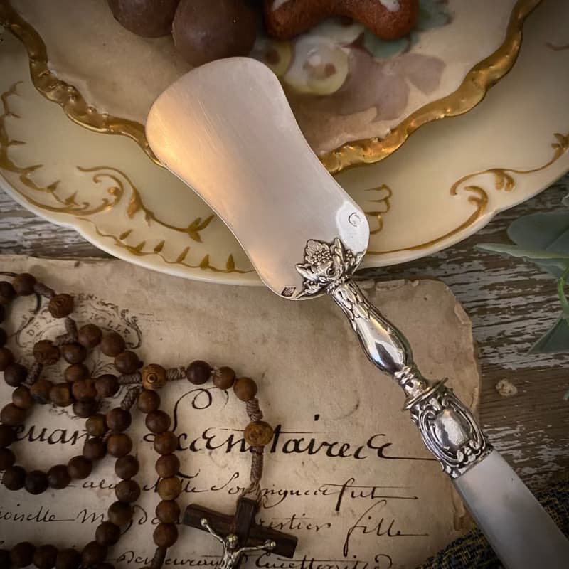 法國Art Nouveau 百年珍珠母貝柄 純銀餅乾鏟