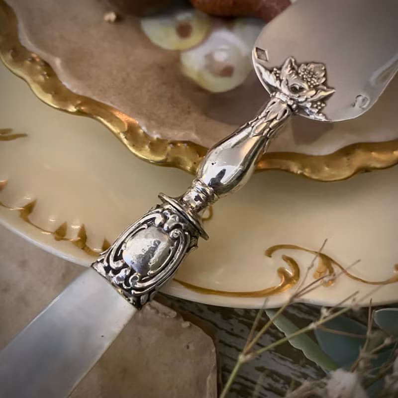 法國Art Nouveau 百年珍珠母貝柄 純銀餅乾鏟