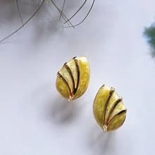 金線橄欖綠葉琺瑯夾式耳環/vintage西洋古董飾品