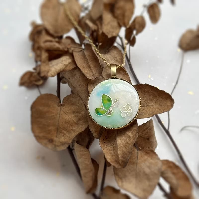 迷你畫框 -琺瑯畫項鍊- 四季之春 /黃銅 琺瑯掐絲 景泰藍