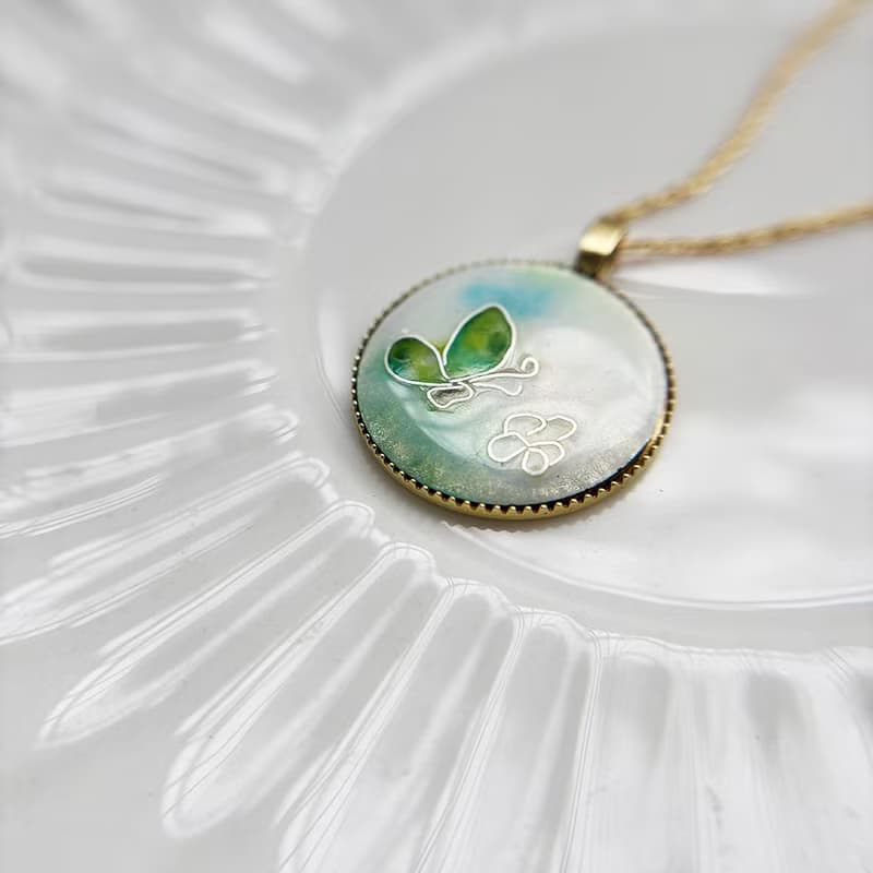 迷你畫框 -琺瑯畫項鍊- 四季之春 /黃銅 琺瑯掐絲 景泰藍