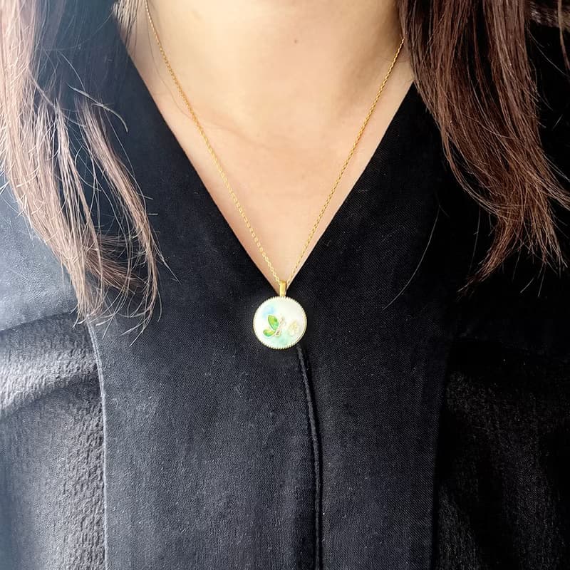 迷你畫框 -琺瑯畫項鍊- 四季之春 /黃銅 琺瑯掐絲 景泰藍