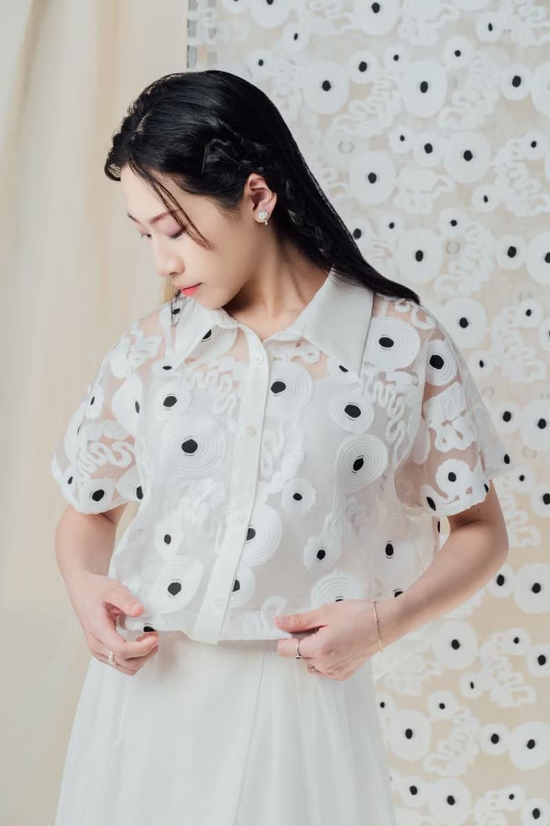 薄紗夏花刺繡連袖襯衫