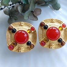 Vintage Jewelry 西洋古董飾品 紅色調 大方塊 幾何 夾式耳環