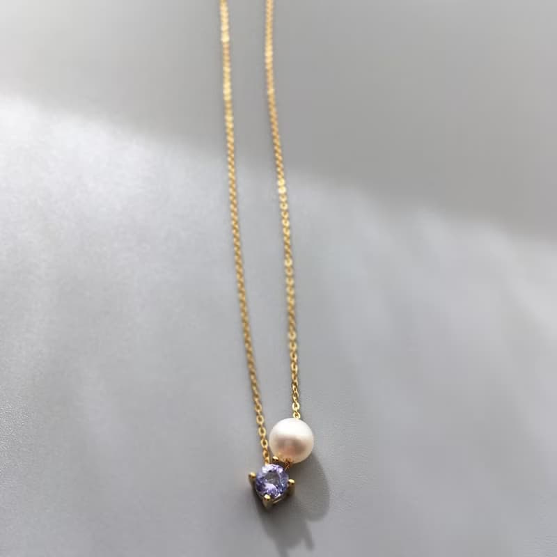 K10YG/SV925 Tanzanite Necklace, December Birthstone, Akoya Pearl Dainty Necklace