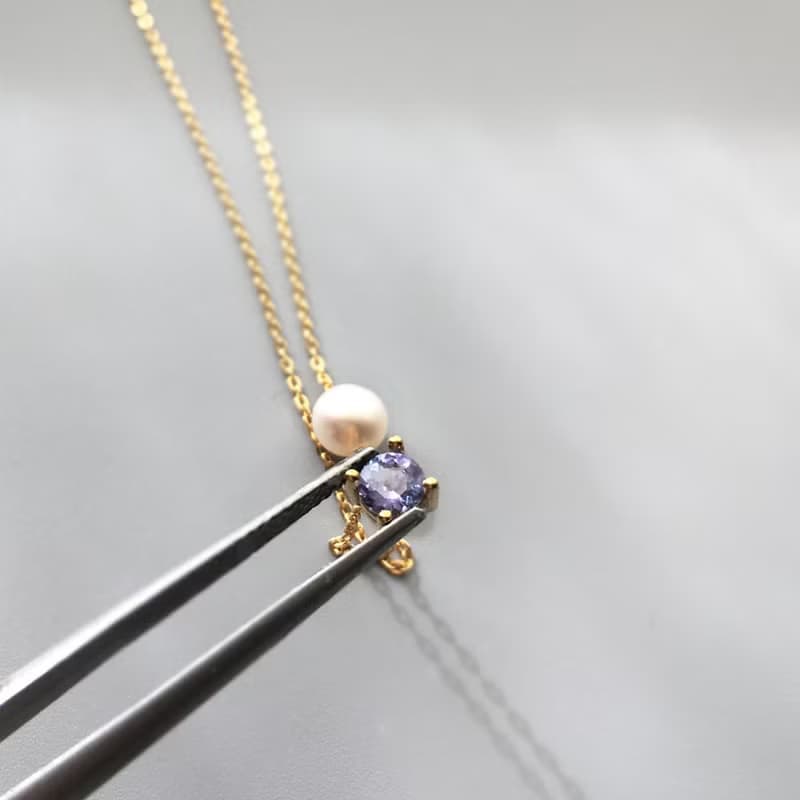 K10YG/SV925 Tanzanite Necklace, December Birthstone, Akoya Pearl Dainty Necklace