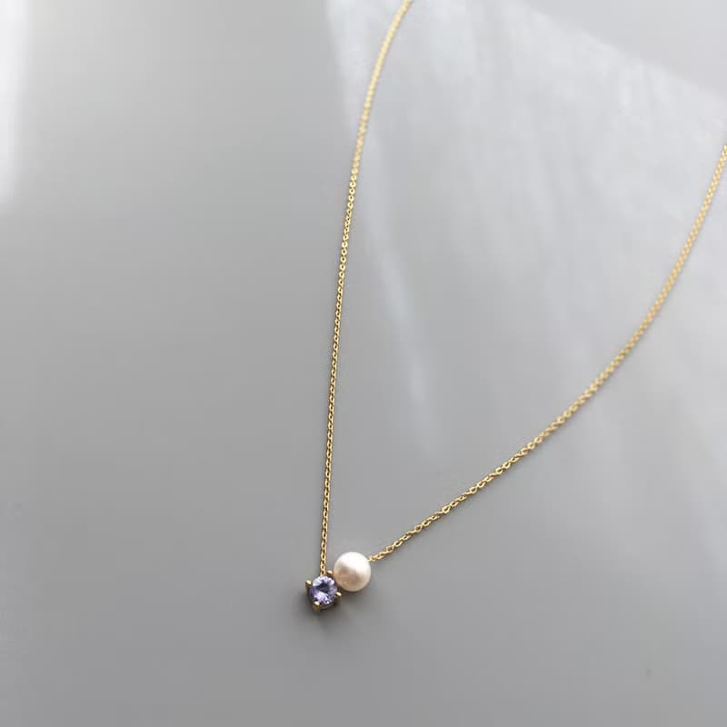 K10YG/SV925 Tanzanite Necklace, December Birthstone, Akoya Pearl Dainty Necklace
