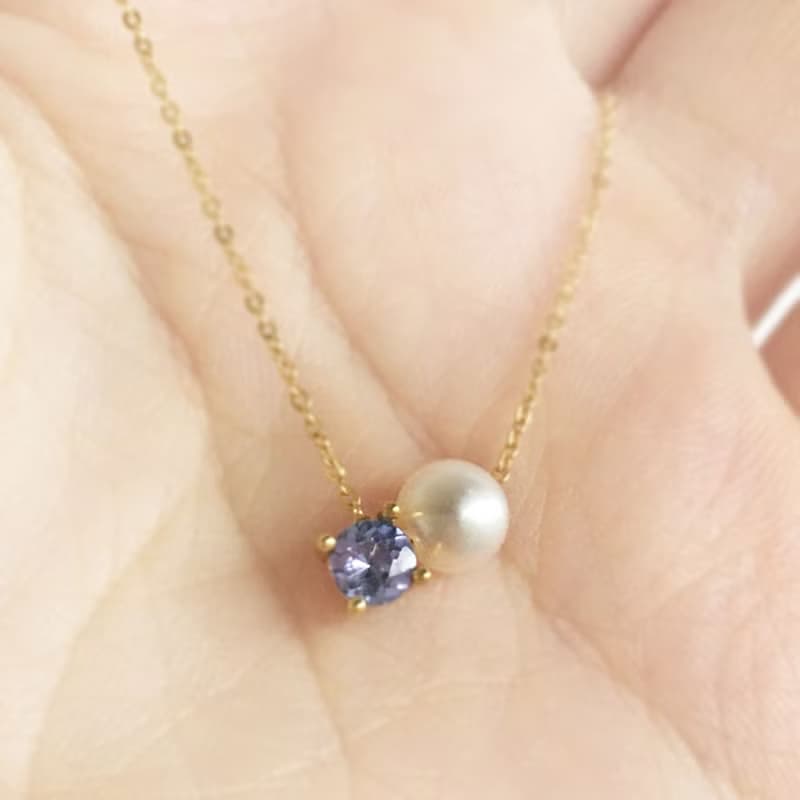 K10YG/SV925 Tanzanite Necklace, December Birthstone, Akoya Pearl Dainty Necklace