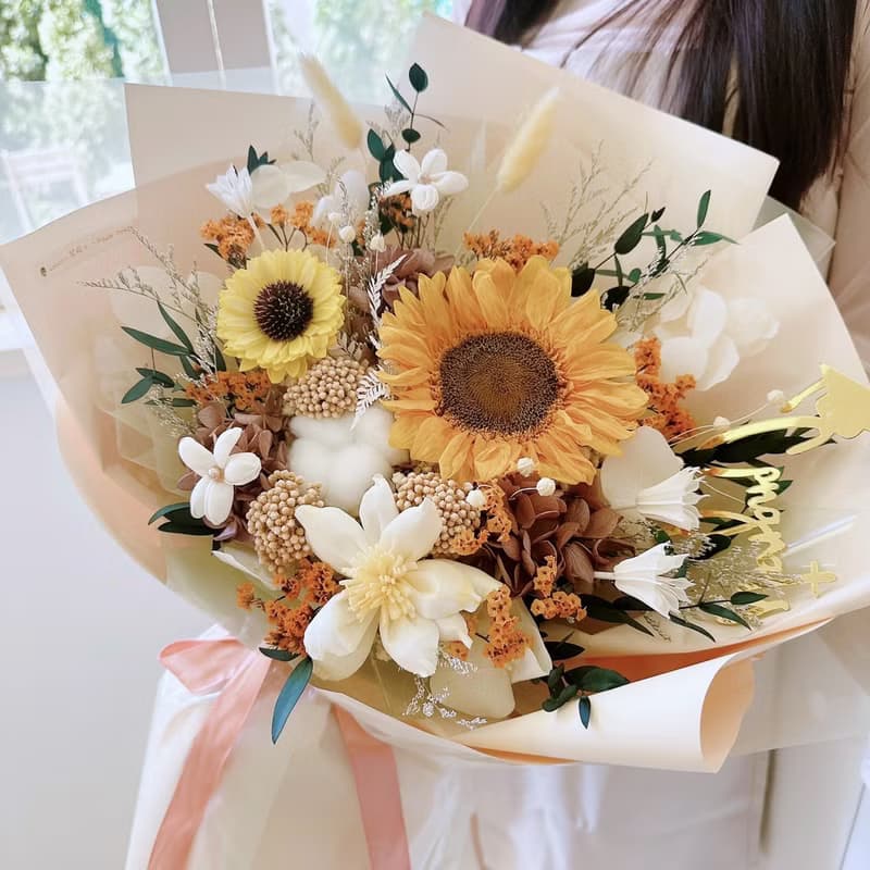 經典色永生向日葵大花束 太陽花花束 向日葵花束 畢業花束