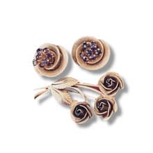 Vintage Flower Rose Bouquet Brooch and Clipon Earrings with purple crystals 1950