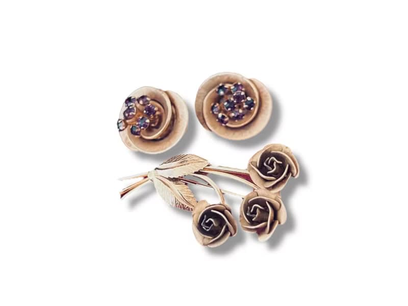 Vintage Flower Rose Bouquet Brooch and Clipon Earrings with purple crystals 1950