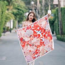 櫻花與雲中鶴 - （紅寶石色）手工印製圍巾／絲巾(Blissfulness Scarf-Ruby Red Colour (Scarf of Joy and long live))