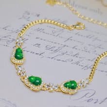 |福財|A貨翡翠冰玻陽綠葫蘆6.9mm純銀鍍18k黃精緻多顆手鏈