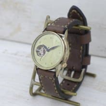 手作り腕時計 BAM063 33mm Brass 真鍮 自動巻きオープンハート 刻印文字盤 手縫いベルト