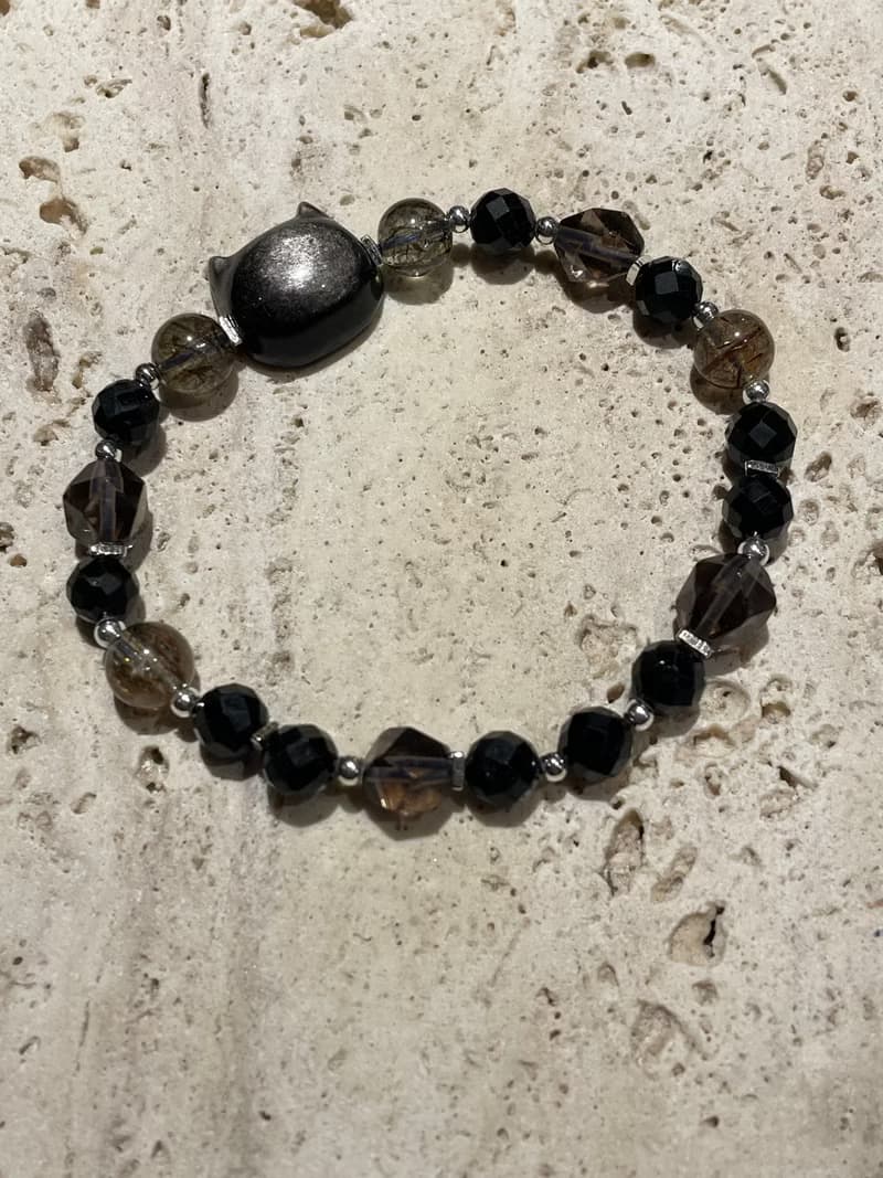 純銀黑曜石貓頭中性手鍊