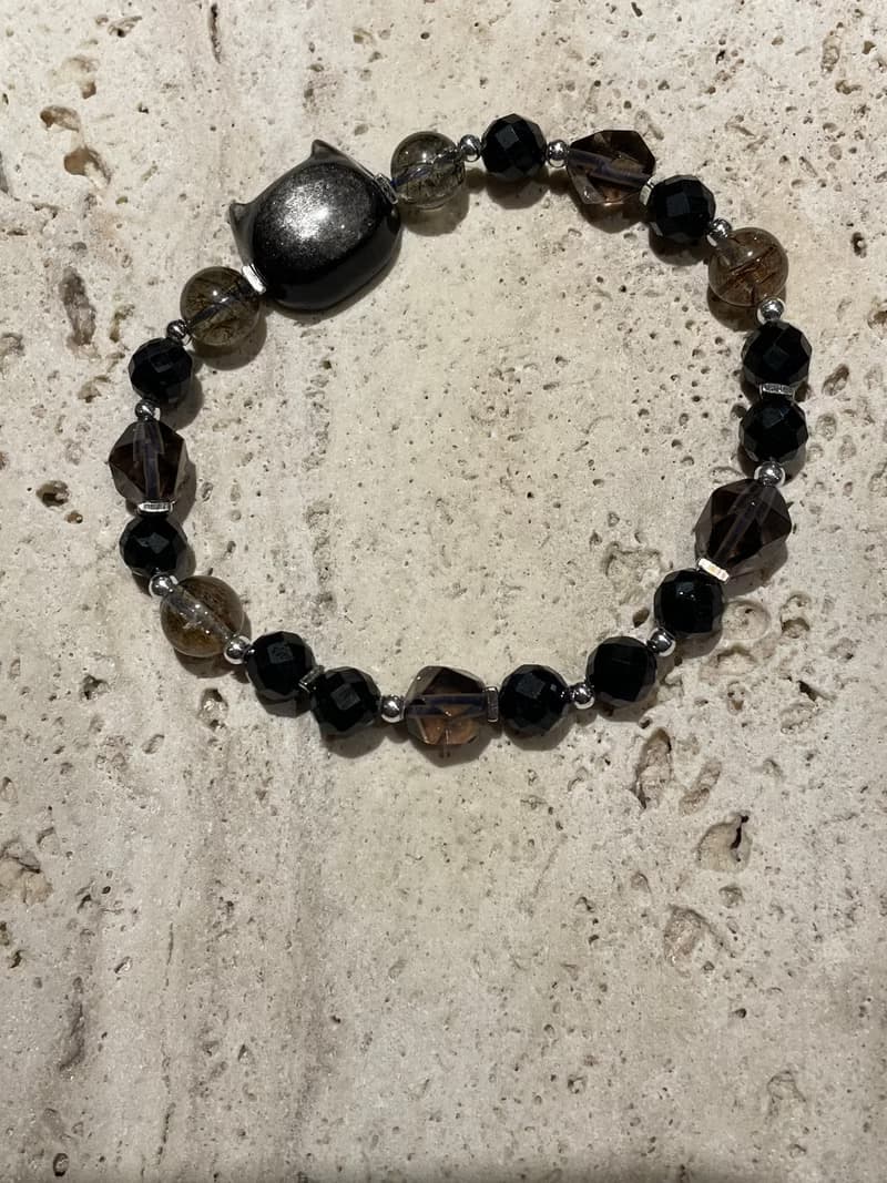 純銀黑曜石貓頭中性手鍊