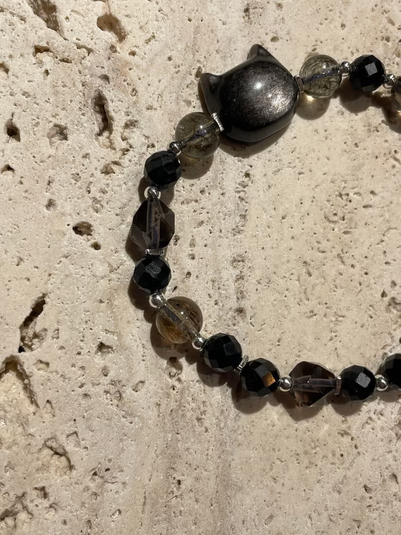 純銀黑曜石貓頭中性手鍊