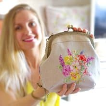 Handmade shoulder bag with cross stitched Blooming Marvellous bouquet, crossbody