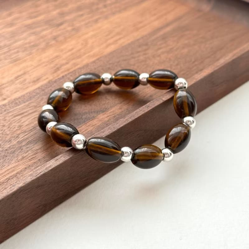 【強大心靈保護石】茶晶橢圓簡約鍍銀手鏈 安定思緒 消除壓力護身