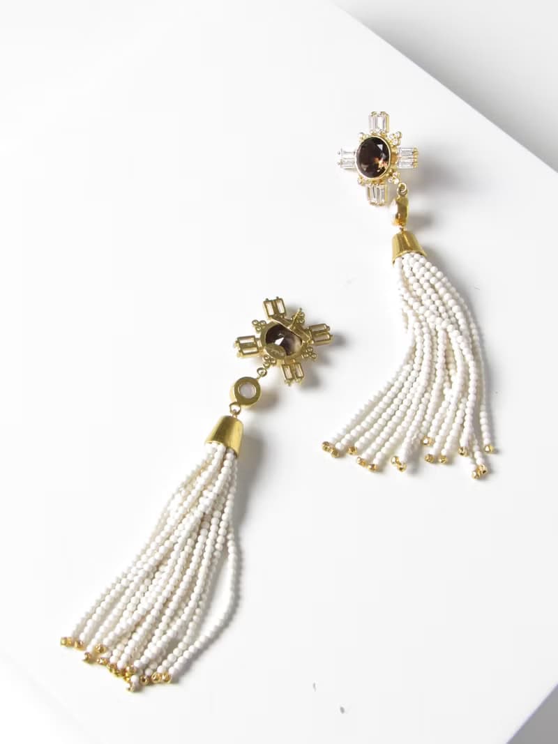 Vintage Gold Vermeil  Smoky Gem with White Bead Tassel Earrings