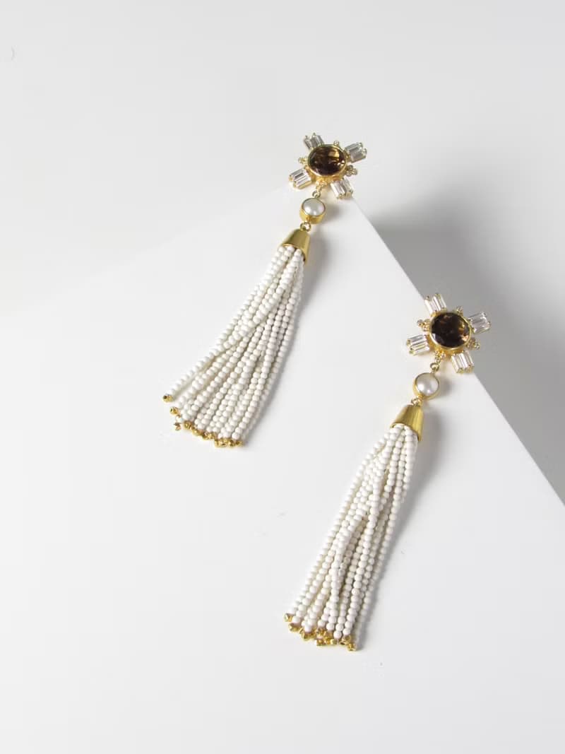 Vintage Gold Vermeil  Smoky Gem with White Bead Tassel Earrings