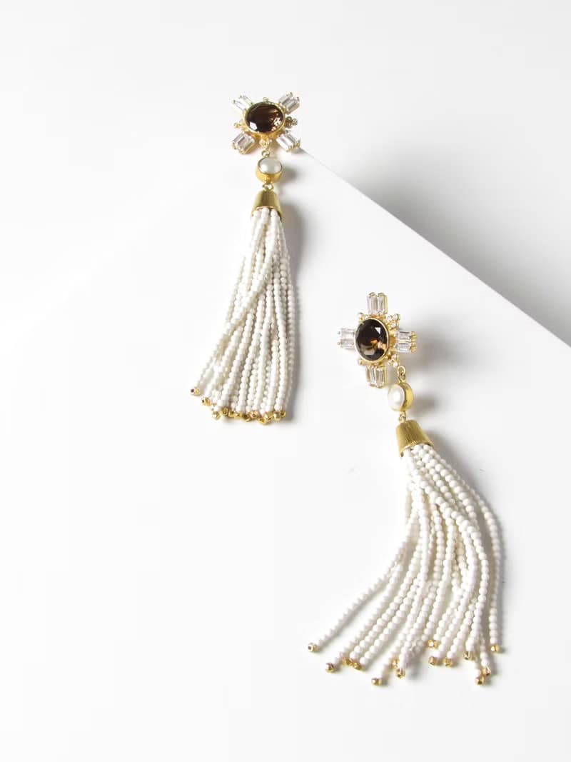 Vintage Gold Vermeil  Smoky Gem with White Bead Tassel Earrings