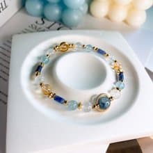 雨霧微光 藍線石 藍點石 海藍寶 白水晶 月光石 水晶彈性手鍊