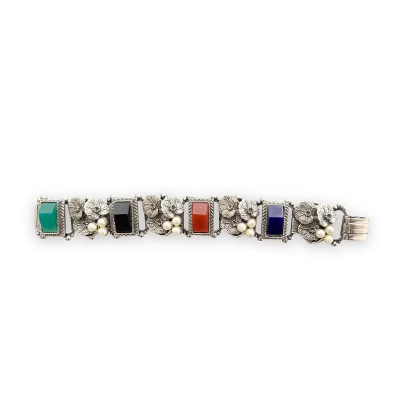 Antique Bracelet Bookchain Silver Faux Pearl Water Lily Colorful Stones Unsigned