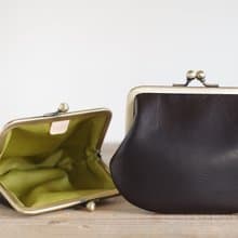 角型レザー がま口 口金財布 ブラック×ワサビ