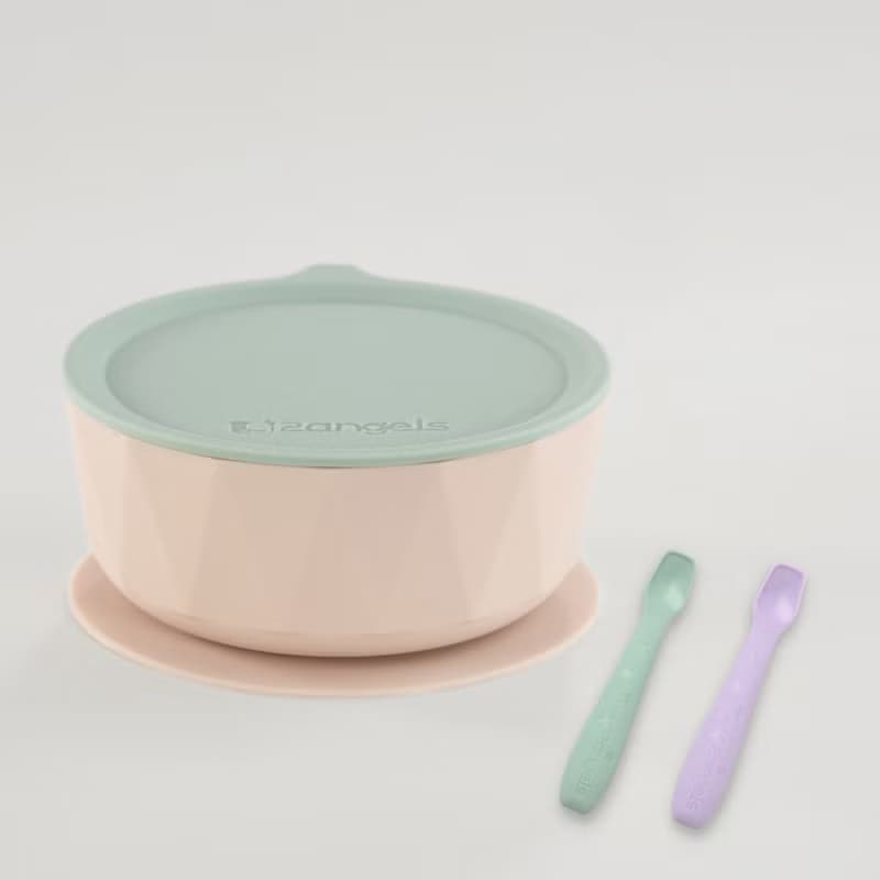 2angels 矽膠鑽石吸盤學習餐碗湯匙組 餐碗+湯匙兩入