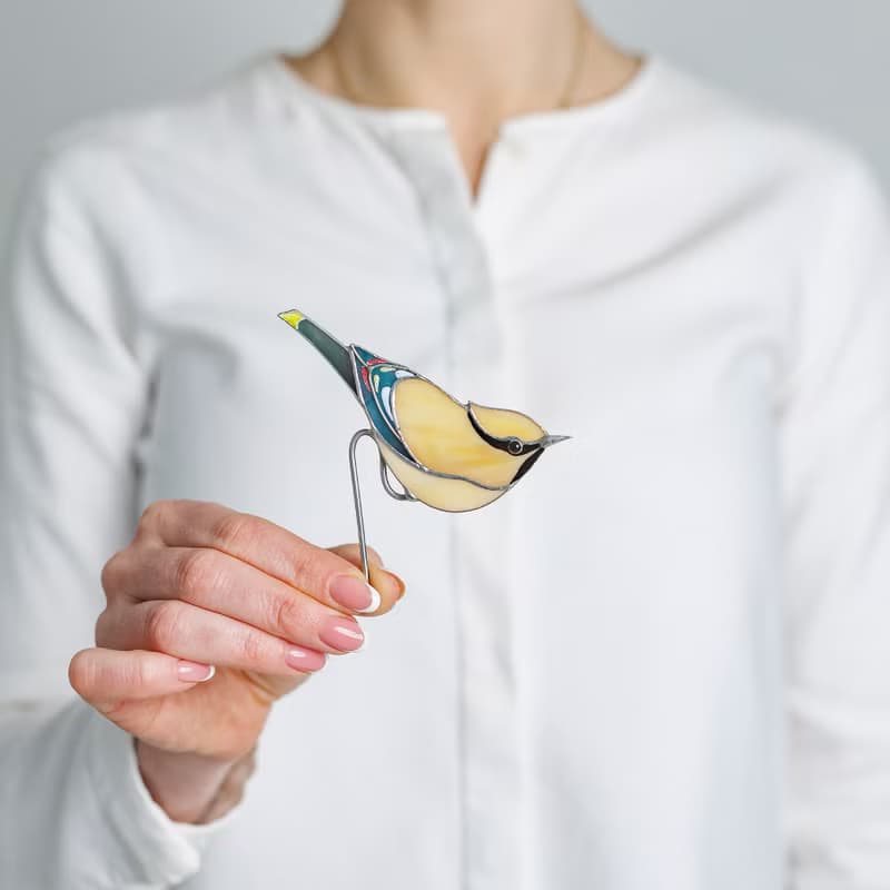 彩繪玻璃雪松 Waxving Bird 室內植物裝飾 送給朋友的可愛禮物 自