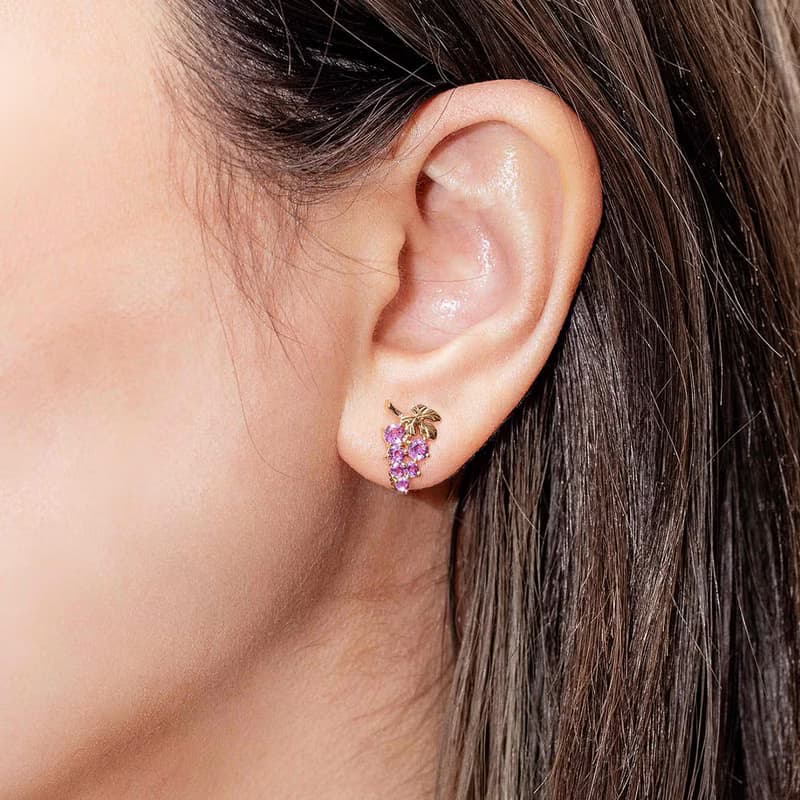 【PurpleMay Jewellery】純18K金可愛葡萄設計紫水晶耳釘-E070